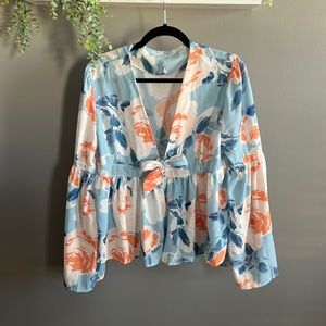Bbalizko Floral Print Blouse Deep V Neck Chiffon Puff Sleeve Ruffle Hem XL